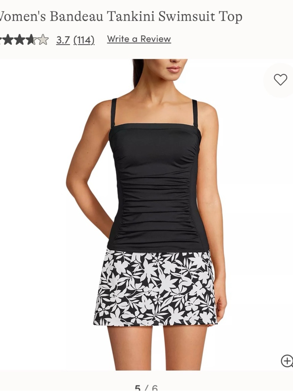 Lands' End Black Bandeau Tankini Top with Straps NWT
